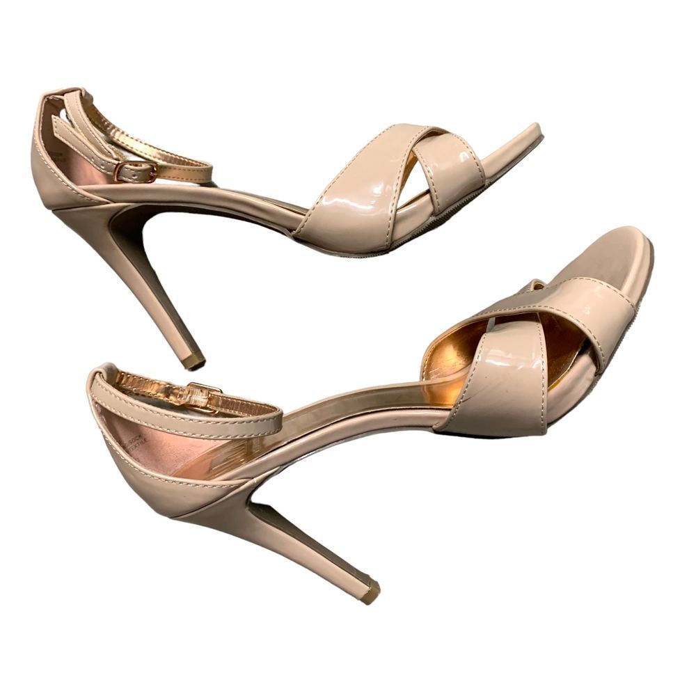 Material Girl Beige Faux Patent Leather Ankle Strap Cross Toe Strapped Heeled Sa